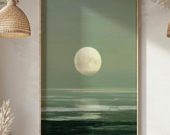 Salbei grüne Kunst, Japandi Wandbild, Landschaftsmalerei, Ozean Dekor, Nachthimmel Druck