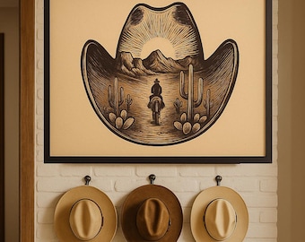 Vintage Cowboy Hut Kunst, Western Wandbild, brauner Kunstdruck