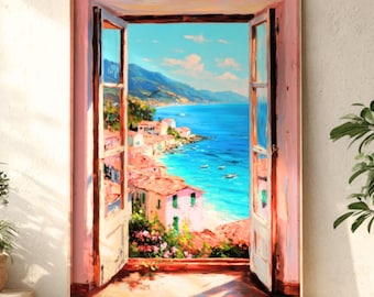 Mediterrane Fensterkunst - Kunstdruck auf Leinwand am Meer