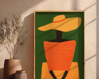 Moderne Wandkunst, Abstrakte Figur Poster, Minimalistische Frau Druck, grün orange gelb Öl Pastell