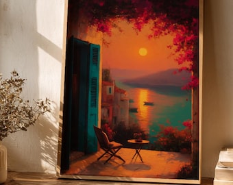 Mediterran Küsten Ölgemälde, Italienische Küste Wohnkultur, Sonnenuntergang Kunst