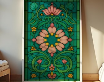 Jugendstil Wandkunst - Glasmalerei in Grün & Pink - Vintage Poster