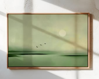 Minimalistische Wandkunst am Meer - Salbeigrüner Landschaftsdruck, ruhiges Meer und Vögel, Japandi-Wanddekor