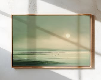 Minimalistische Wandkunst am Meer - Salbeigrüner Landschaftsdruck, ruhiges Meer und Vögel, Japandi-Wanddekor