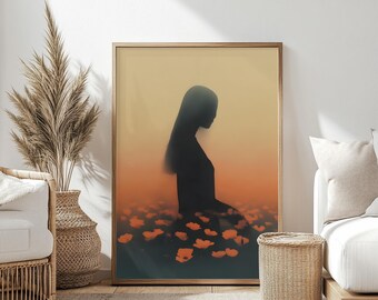 Moody Woman Print, Erdtöne Poster, zeitgenössisches Blumen Kunstwerk, moderne Wanddekoration