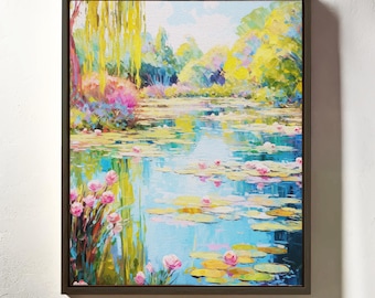 Seerosenteich Wandkunst - Impressionistische Landschaft, farbenfrohe Gartenmalerei, ruhige Natur