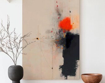Abstrakte moderne Wandkunst • Beige Rot Schwarz Leinwanddruck • Minimalistisches zeitgenössisches Poster für Wohnkultur
