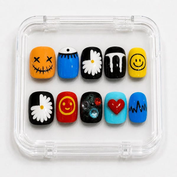 Luxury Kpop Press On Nails | G-Dragon Big Bang Inspired Nail Art | Handmade 3D Gel Nails | Concert Festival Statement Set