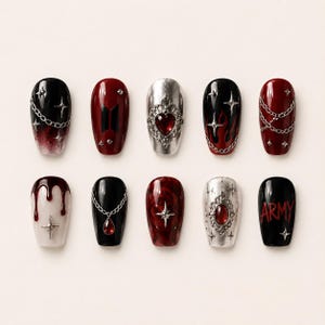 BTS Arirang Press On Nails | 2026 Comeback Dark Vampire Red Art | 3D Silver Chain Flame Nails | Gothic K-pop Ruby Fake Nails
