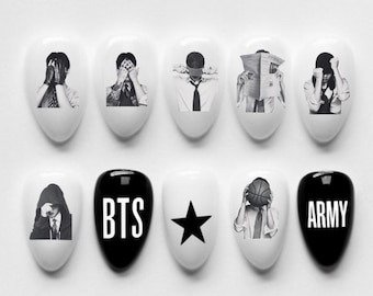 BTS Arirang Press On Nails | 2026 Comeback Member Portrait Art | Monochrome Black White Nails | Custom K-pop Gel Nails | ARMY Fandom Gift