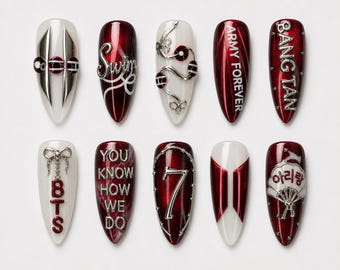 BTS Arirang Press On Nails | 2026 Comeback Crimson Metal Art | 3D Silver 7 Industry Nails | Bangtan Army Forever Nails
