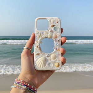 Funda para iPhone con espejo de concha hecha a mano, conchas recicladas, playa