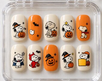 Cute Autumn Press On Nails Short Oval | Hand Painted Pumpkin Ghost Fake Nails | Festive Pup Halloween Nails Gel