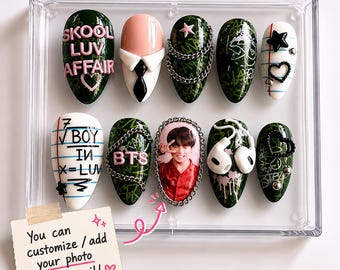 BTS Skool Luv Affair Press On Nails | Boy In Luv Hand-Painted Art | 3D School Uniform Headphones Nails | Retro Green K-pop Fake Nails