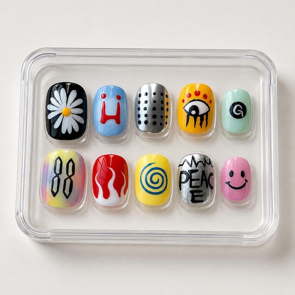G Dragon Press On Nails | Peaceminusone Kpop Fake Nails | 3D Silver Chrome Peace Nail Art | Alternative Streetwear Gel Nails