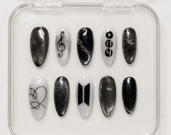 BTS Love Yourself Press On Nails | 2026 Comeback Monochrome Glitter Art | 3D Liquid Chrome Arirang Nails | Black White K-pop Fake Nails