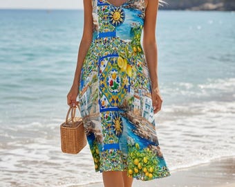 Sea sun summer lemon below the knee dress