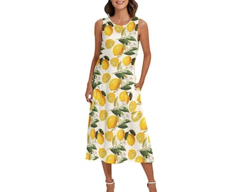 May include: A sleeveless, midi-length dress with a lemon print on a white background. The dress features a pattern of yellow lemons, green leaves, and white blossoms. The dress has a scoop neckline and pockets. The dress is approximately 100 cm in length.