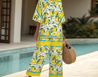 Conjunto de lino sintético con estampado de limones, estilo mediterráneo, para verano.