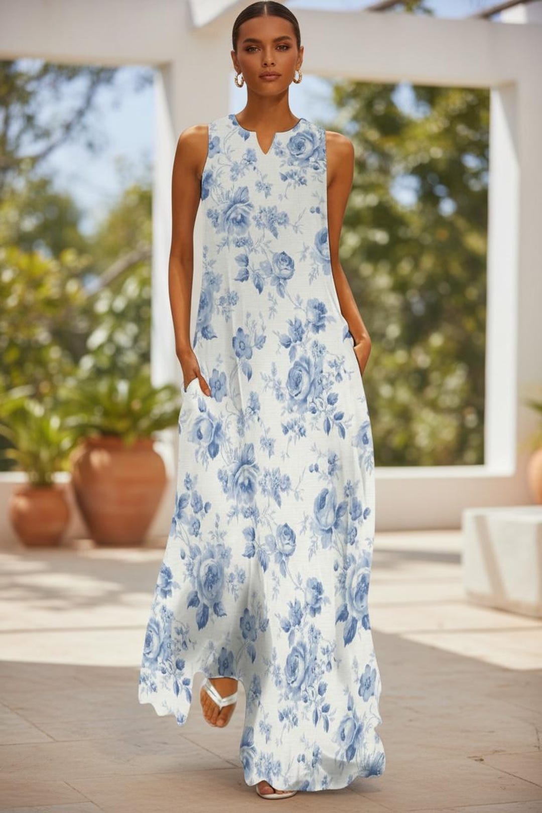 Blue Roses Floral Toile Blue Porcelain Silky Polyester Long Dress - Etsy