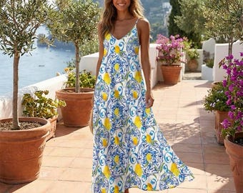 Pure Italian Linen Positano Long Blue Dress Short Sleeves - Etsy
