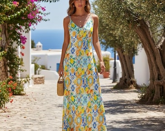 Mediterranean lemon summer Sling Ankle Long Dress