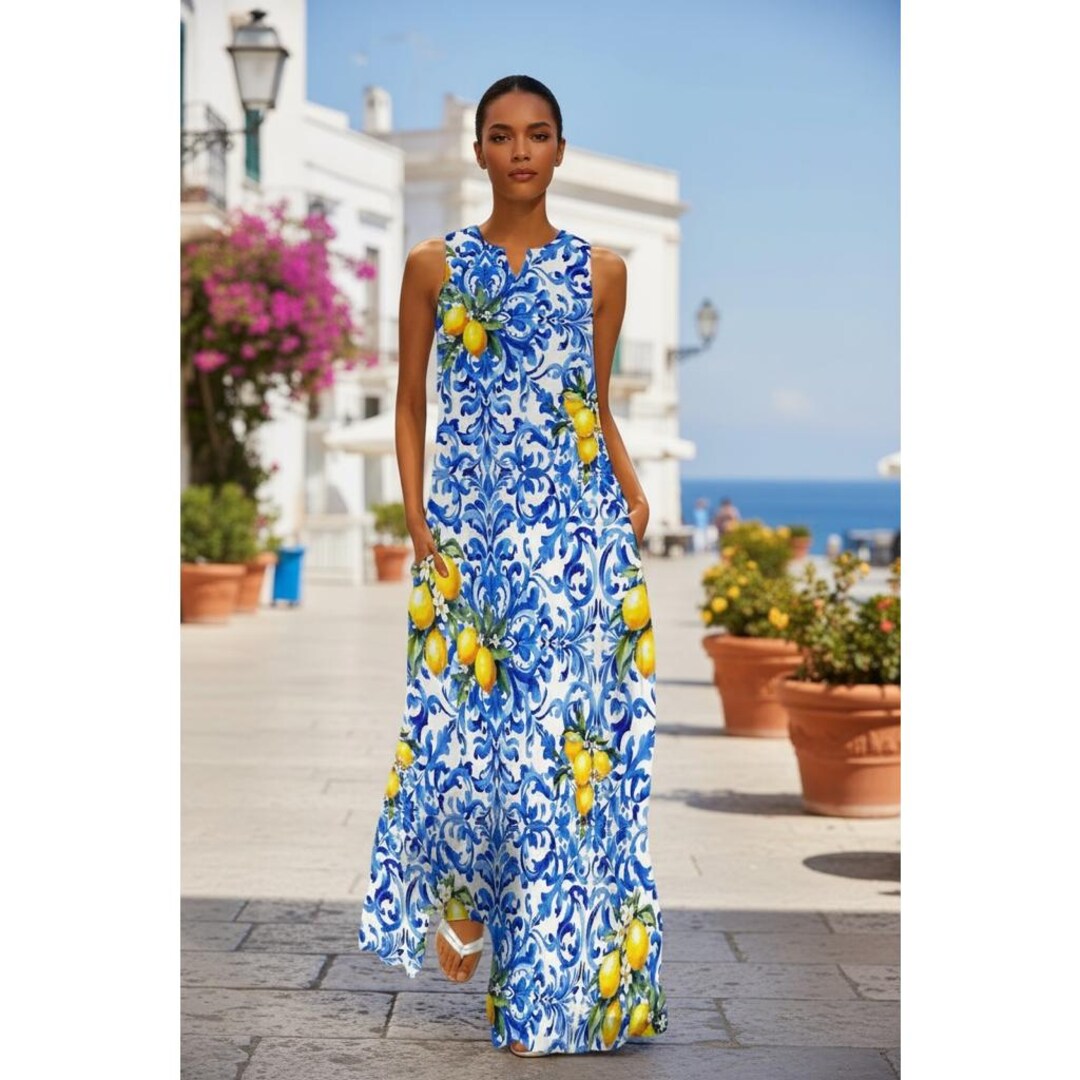 blue majolica dress Amalfi lemon summer Long Variations on a dress: ProductGroup:4IFW7063 Color:Fuschia Measurements Taken From Size