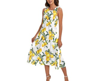May include: A sleeveless, midi-length dress featuring a vibrant lemon print. The white dress is adorned with yellow lemons and green leaves, creating a fresh, summery look. The dress has a flowing skirt and is suitable for warm weather.