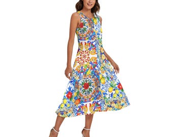 Summer vibrant Mediterranean lemon,Sleeveless Dress With Diagonal Pocket