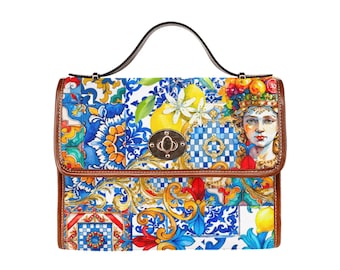 Sicily inspired Testa Di Moro,Moors head Waterproof Canvas Bag-Brown