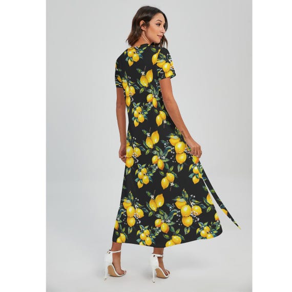 black and lemon dress Sicily background V-neck With Side Slit lemon midi dress Orient Capital Quartz Dress atr_color-black Long slim sleeves with Size:2XL - 18 UK