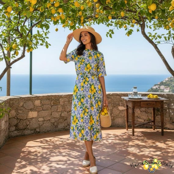 blue and lemon dress Blue Lemon Print Cotton Midi Dress - All Dresses