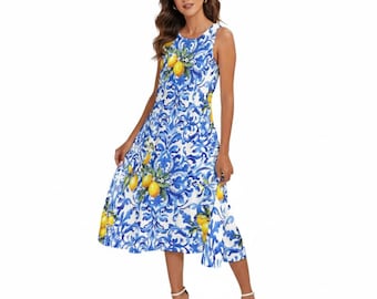 Blue majolica lemon summer, Sleeveless Dress With Diagonal Pocket