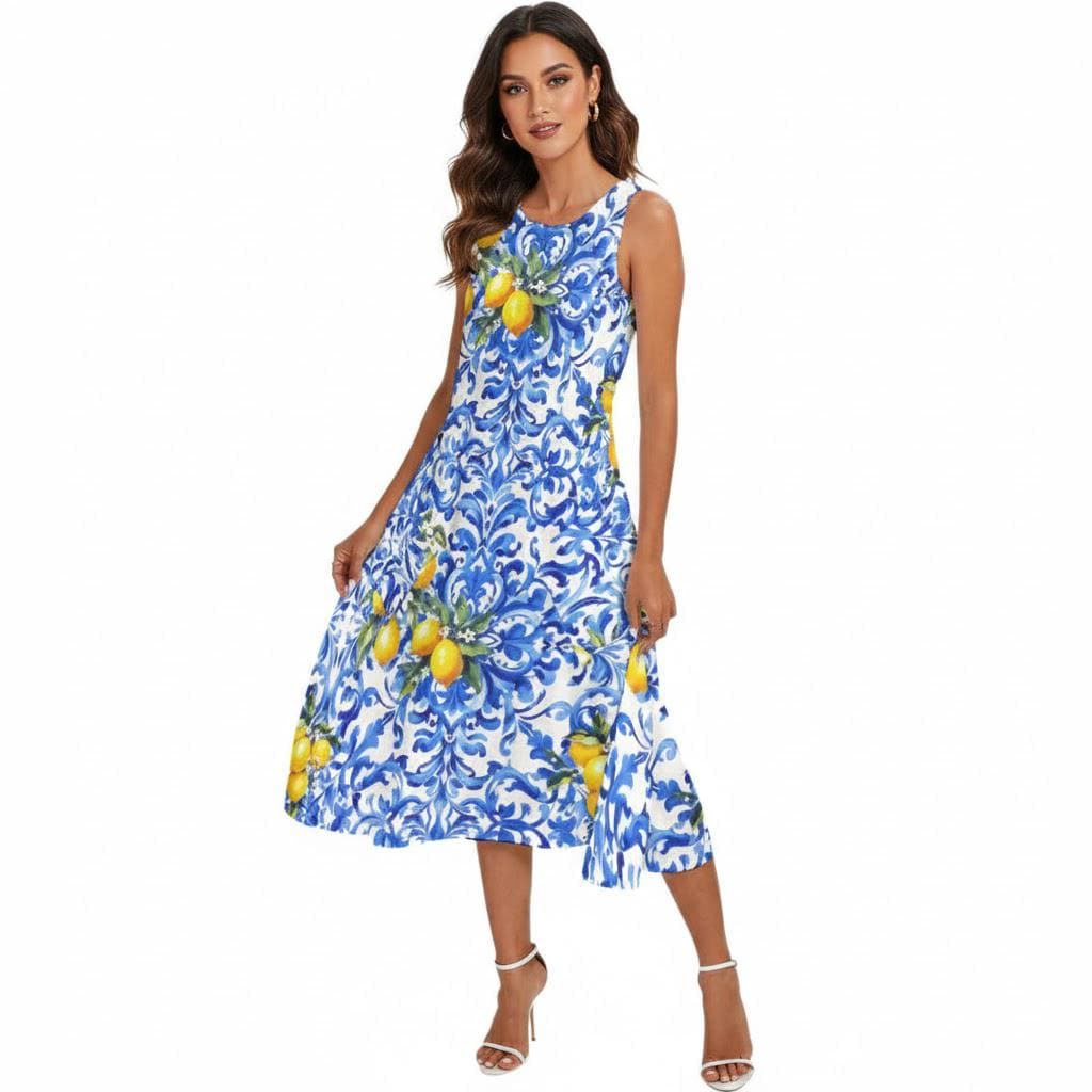 blue and lemon dress Light Blue Lemon Print Maxi Dress - Vacation Ready main image 0