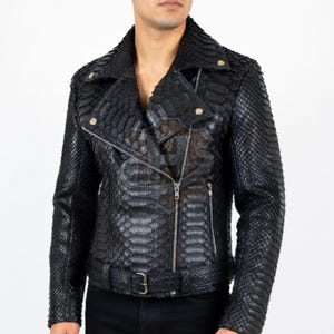 Black Python Snakeskin Leather Motorcycle Jacket for Men | Biker Moto Jacket | Exotic King Python Skin Biker Coat