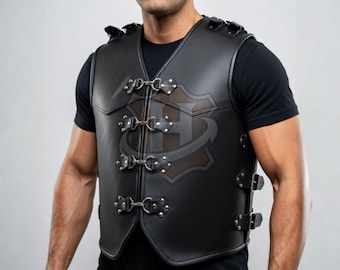Men's Black Real Leather Vest - Premium Genuine Leather Biker Vest with Adjustable Buckles & Metal Clasps