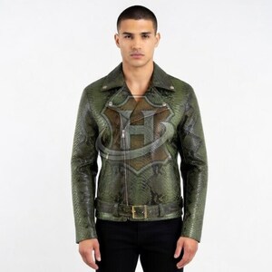 Green Python Snakeskin Leather Motorcycle Jacket for Men Exotic King Snake Biker Moto Coat Handmade Slim Fit Luxury Outerwear Custom Gift