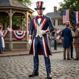 Op de afbeelding: Een persoon in een patriottisch kostuum, met een blauw, rood en wit kleurenschema. De outfit bestaat uit een lange jas, broek en hoge hoed, allemaal versierd met sterren en strepen. De outfit wordt gecompleteerd met een vlinderdas en handschoenen, wat een klassiek Amerikaans thema oproept.