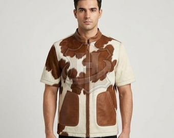 Cowhide Hair-on Leather Half Sleeve Jacket - Western Style Handmade Men's Vest Gift