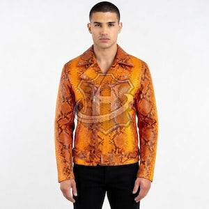 Men's Bright Orange Python Embossed Leather Biker Jacket – Snakeskin Pattern Motorcycle Jacket | Custom Size