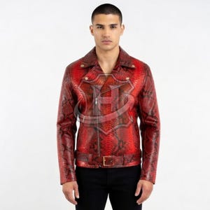 Red Python Snakeskin Leather Motorcycle Jacket for Men, Exotic King Snake Biker Moto Coat, Handmade Slim Fit Luxury Outerwear