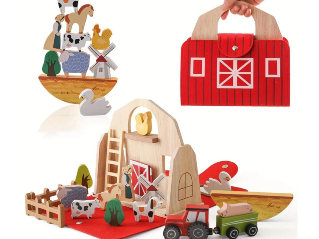 Wooden Montessori Farm Animal Set Pretend Play Toy for Toddlers Eco ...