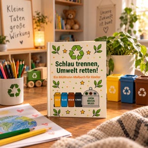 Op de afbeelding: Een wit kleurboek getiteld 'Schlau trennen, Umwelt retten! Ein Mülltrenn-Malbuch für Kinder' met een groen recyclingsymbool, illustraties van gele, blauwe, bruine en zwarte afvalbakken, en kleine accenten in de vorm van blaadjes en sterren.