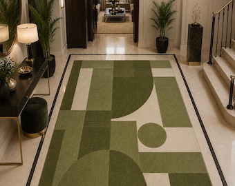 Rugged Rugs Olive Green Geometric Modern Area Rug for Hallway & Living Room