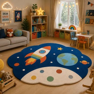 May include: A large, cloud-shaped area rug featuring a deep blue space theme with a colorful rocket ship, the planet Earth, a small Saturn-like planet, and scattered white stars. The bottom section is a light beige border with circular accents.