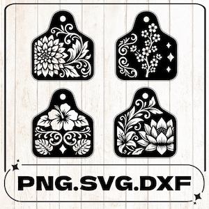 Puede incluir: Cuatro diseños negros en forma de etiqueta con patrones florales blancos que incluyen una dalia, flores de cerezo, un hibisco y una flor de loto. Cada etiqueta tiene un agujero en la parte superior. El texto PNG.SVG.DXF aparece abajo.