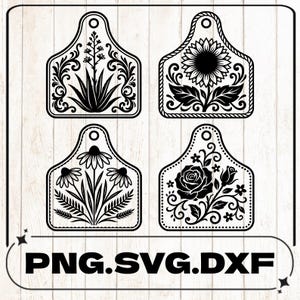 Cow Ear Tag SVG Bundle Western Floral Cattle Tag Laser Engrave Files Sunflower Rose Agave Coneflower DXF PNG Glowforge