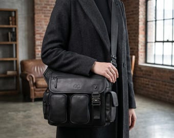 Borsa a tracolla unisex in pelle stile Techwear / Borsa a tracolla tattica nera / Borsa multiuso EDC per uomo e donna / Borsa a mano personalizzata in pelle di alta qualità