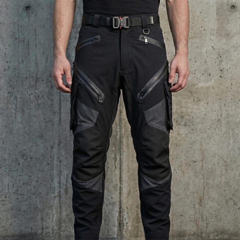 May include: Black tactical cargo pants featuring multiple zippered pockets, reinforced knee panels, and a heavy-duty belt with a metal quick-release buckle. The trousers include angled thigh pockets, side cargo compartments, and dark grey accents.