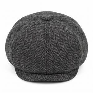 Vintage 8-Panel Newsboy Cap for Men | Herringbone Tweed & Houndstooth Baker Boy Hat | Leather Brim Peaky Blinders Flat Cap | Gatsby Ivy Hat
